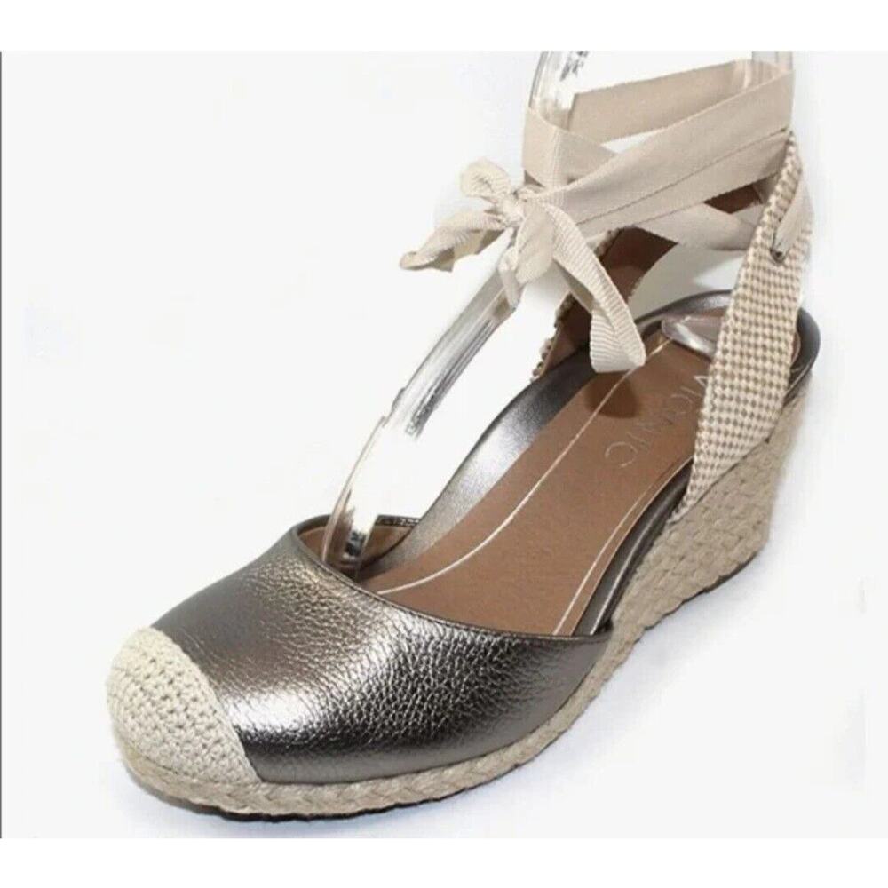 Vionic Wedge Sandals‎ Womens 10 Aruba Maris Espadrille Silver Leather Ankle Wrap